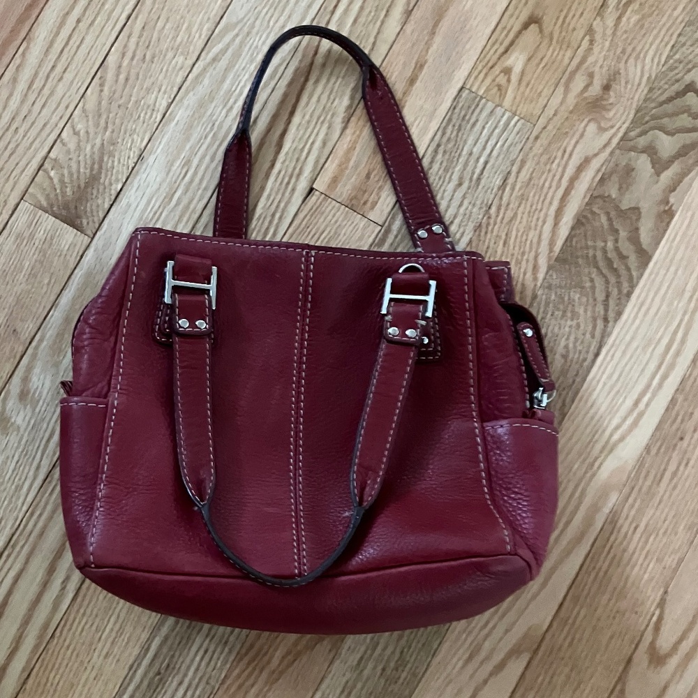 Super Dark Red Leather Fossil Handbag with Multiple Pockets